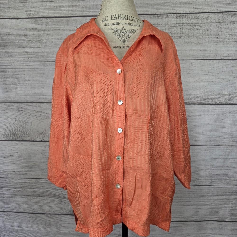 Scott Taylor Vintage Women's Orange Metallic Button-Up Long Sleeve Blouse